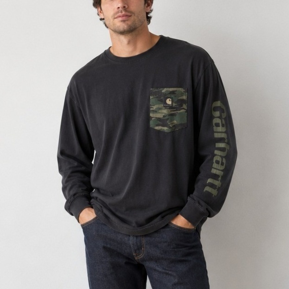 Carhartt Relaxed Fit Heavyweight Camo Pocket Long Sleeve T-Shirt Black Size XL
